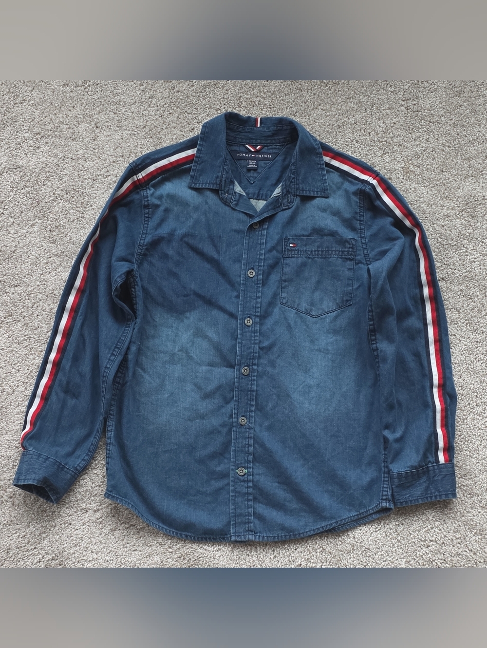 Tommy Hilfiger Blue Denim Shirt with Red & White Stripe Shoulders